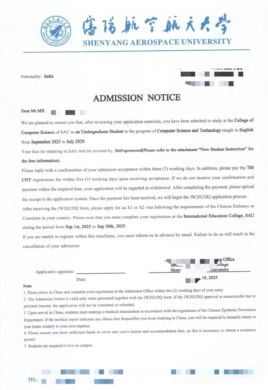Admission Letter - Computer Science (India)