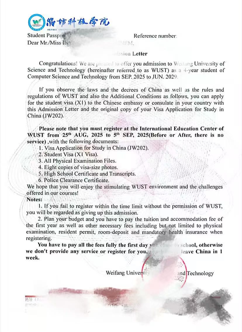 Admission Letter - Computer Science